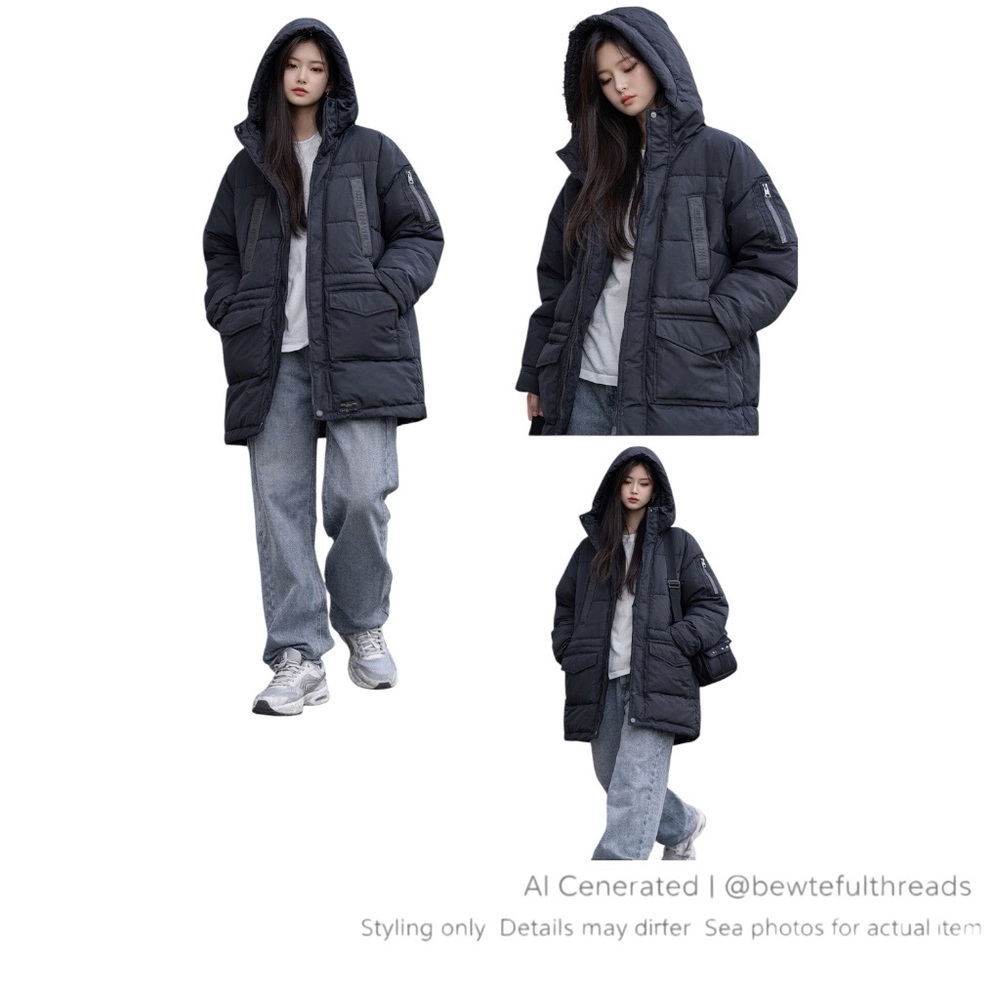 Korean Street Style Black Down Utility Parka Minimalist Oversized Coat